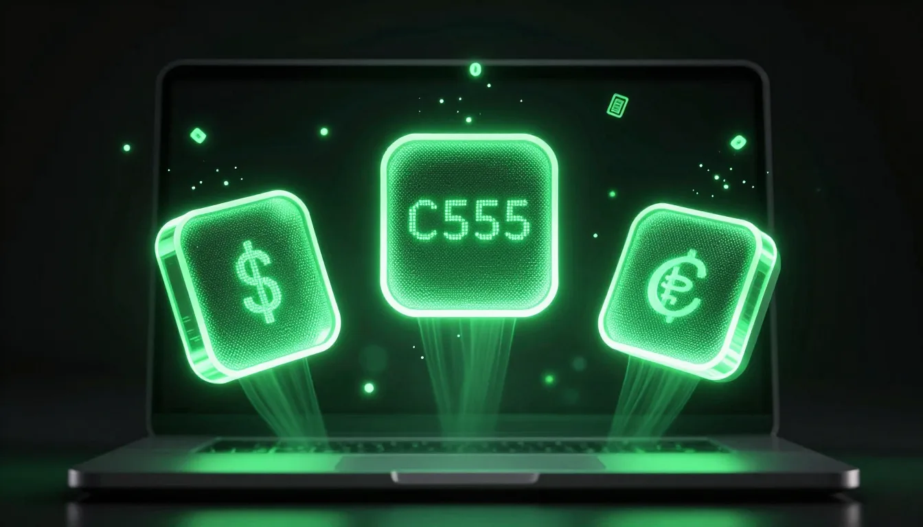 Três caixas de produto digital flutuando sobre laptop com partículas de luz verde