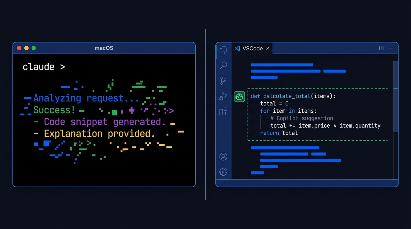 Claude Code (terminal) vs GitHub Copilot (VSCode) lado a lado
