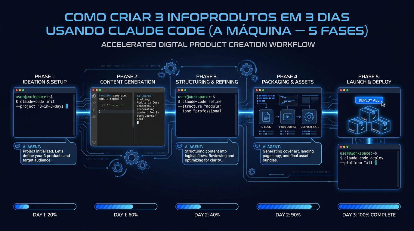 Como Criar 3 Infoprodutos em 3 Dias Usando Claude Code (A Máquina — 5 Fases)