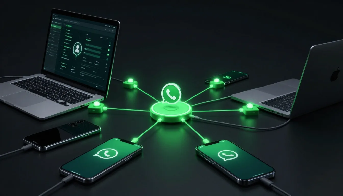 Vários celulares e laptops conectados compartilhando uma licença verde do GeekZap